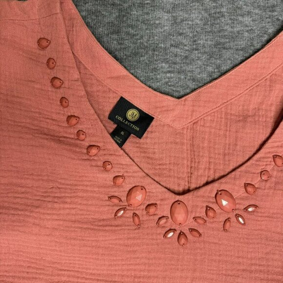 JM Collection XL Burnt Coral Woven‎ Top Gem Embellishments V-Neck Short Sleeves - Picture 4 of 7